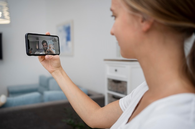 Mother video calling dad in quarantine