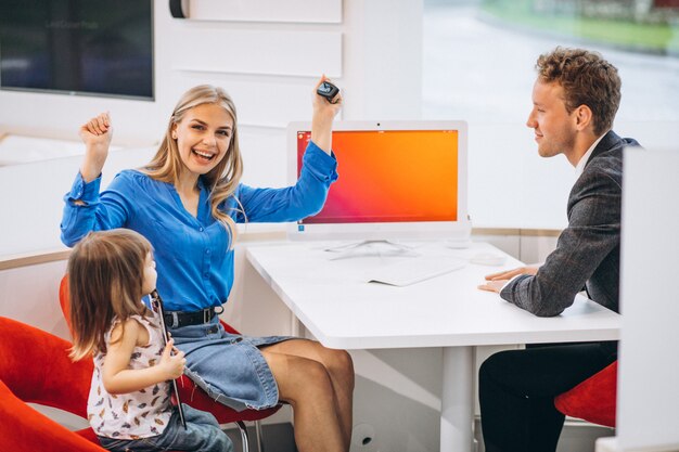 Mother with daughter buying a car in a car showroom