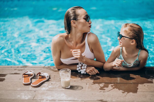 Mother with daughter having fun in pool