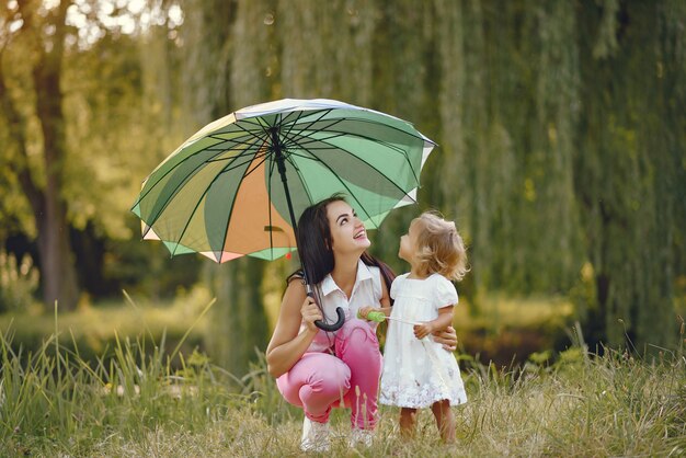 Mother with daughter playing in a summer park