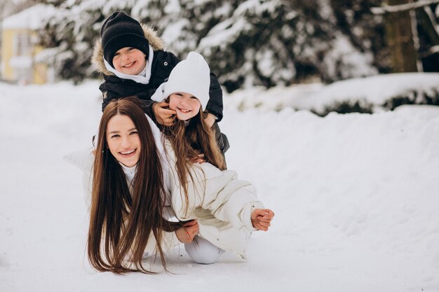 雪だらけの公園で楽しんでいる娘と息子を持つ母