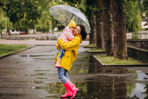 Мать с дочерью гуляет в парке под дождем в резиновых сапогах