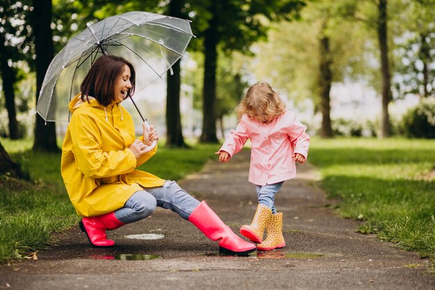 Mother with daughter walking in the rain under the umbrella