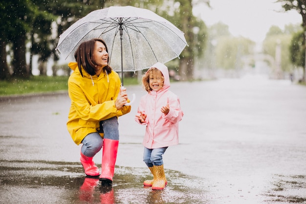 Mother with daughter walking in the rain under the umbrella