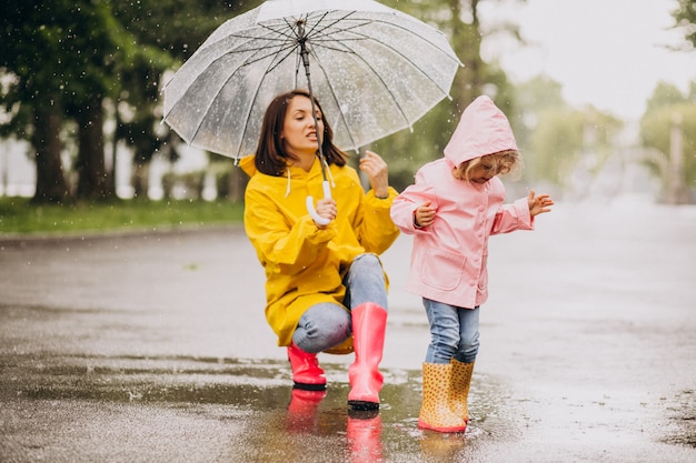 Mother with daughter walking in the rain under the umbrella