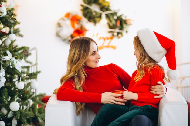 クリスマスの帽子を着た娘と母