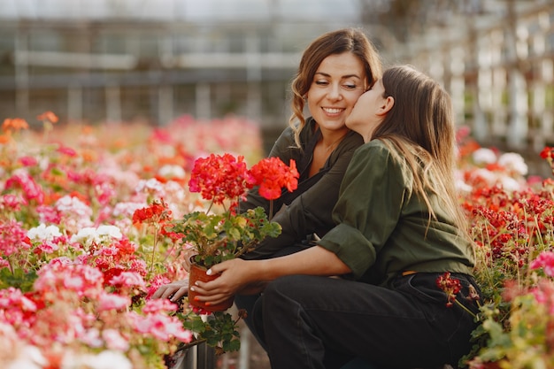 딸과 어머니. Flowerpoots를 가진 노동자. 녹색 셔츠에있는 여자