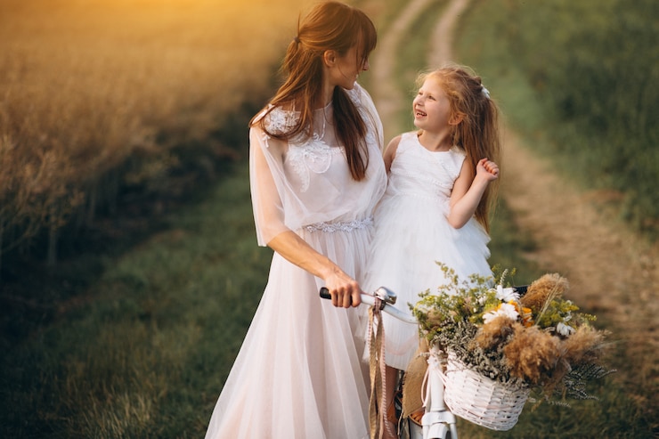 Free Photo mother with her child in beautiful dresses with bicycle