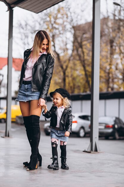 Mother with her little baby daughter outside the street