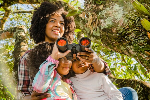 Mother with kids and binoculars