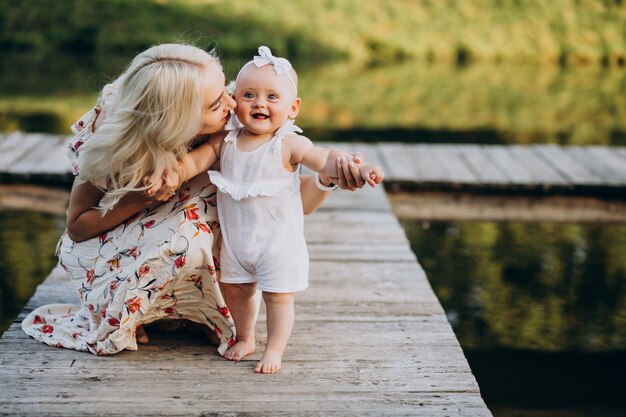 Mother with little baby daughter by the lake