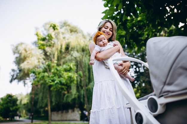 Mother with little baby daughter walking in park