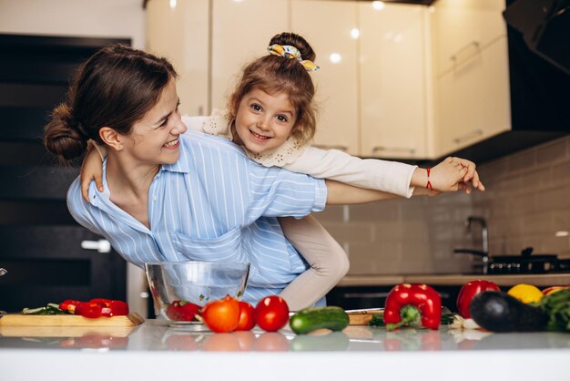 Мать с маленькой дочерью готовят на кухне и веселятся
