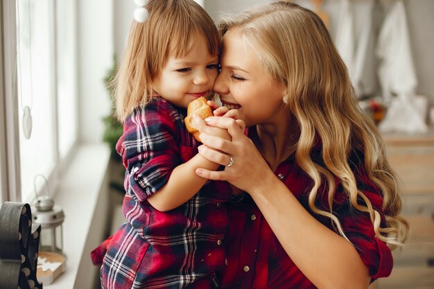 Mother with little daughter in a kitchen