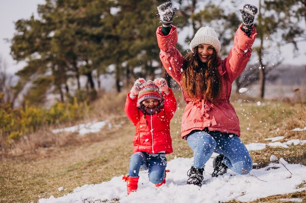 Mother with little daughter in a winter forest