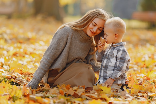 Mother with little son sitting in a autumn field