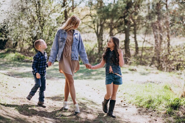 Mother with son and daughter together in the park