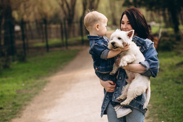 Mother with son and dog