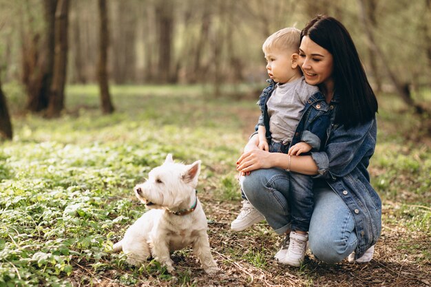 Mother with son and dog