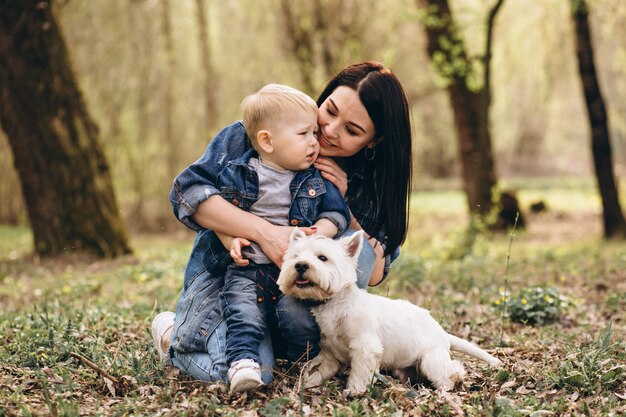 Mother with son and dog