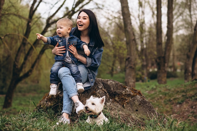 Mother with son and dog