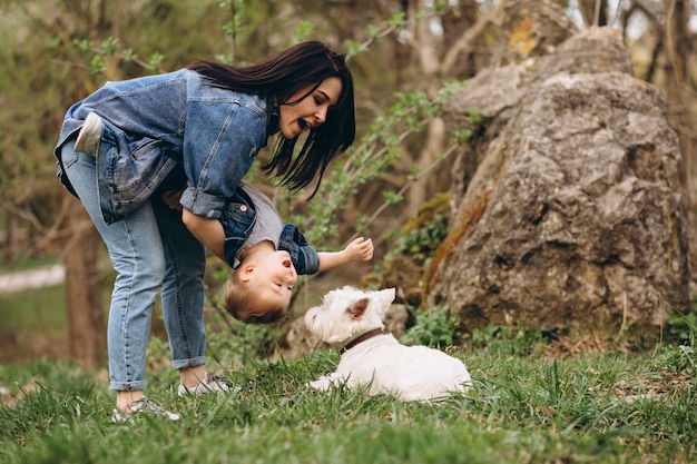 mother with son and dog