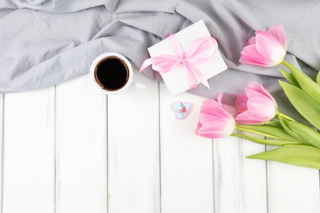 Mothers day background with coffee and gift box