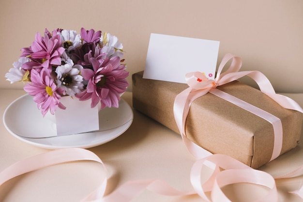 Mothers day composition with flowers and present