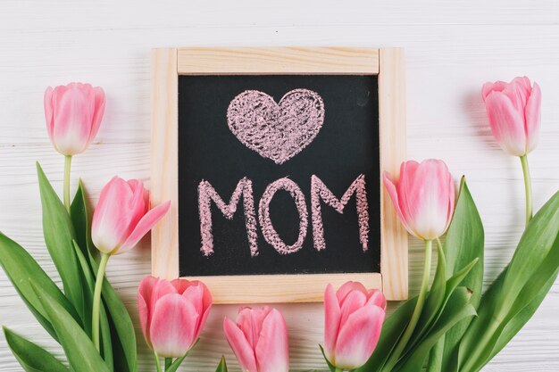 mothers day concept with slate and flowers