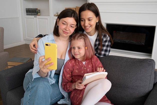 Mothers spending time together with their daughter at home