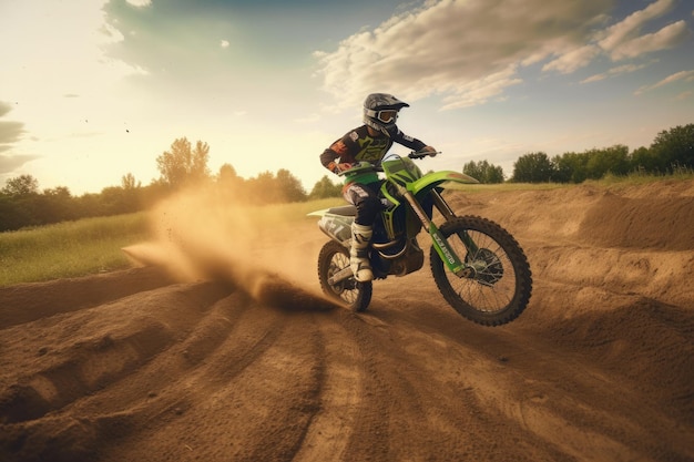 Motocross mounted motorcyclist doing a race on a dirt track Ai generative