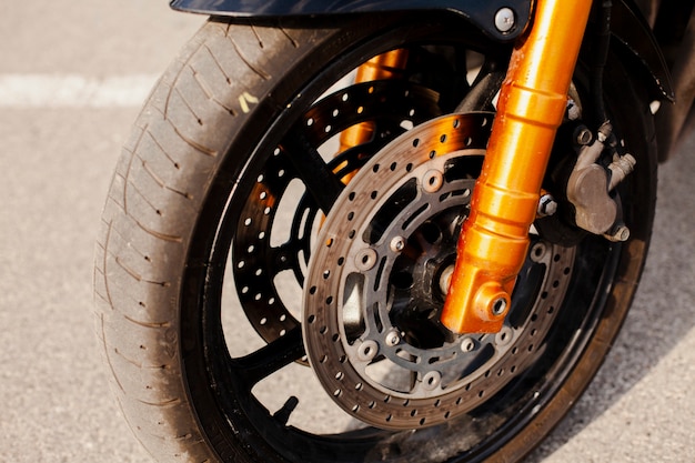Motorbike wheel in closeup view