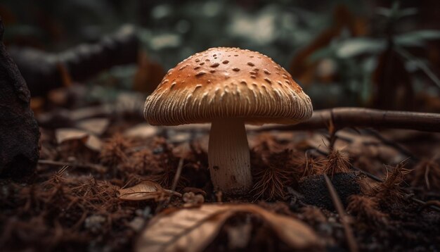 Mottled toadstool growth in autumn forest Danger generated by AI