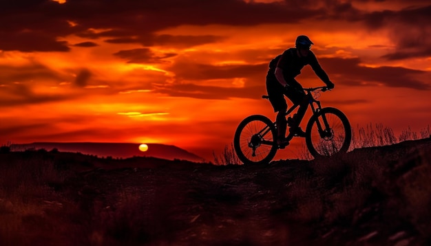 Free photo mountain biker racing at dusk captures freedom generated by ai