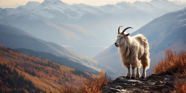 Free photo mountain goat surveys the valley from a high ridge a tapestry of autumn hues below