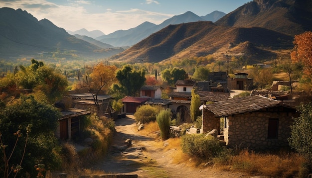 Foto gratuita una capanna di montagna nel paesaggio rurale dipinge la bellezza della natura generata dall'intelligenza artificiale