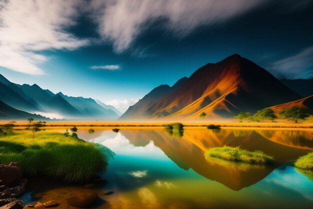 A mountain lake with a blue sky and mountains in the background