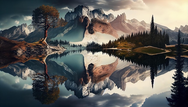 Mountain landscape reflects autumn colors in tranquil water generative AI