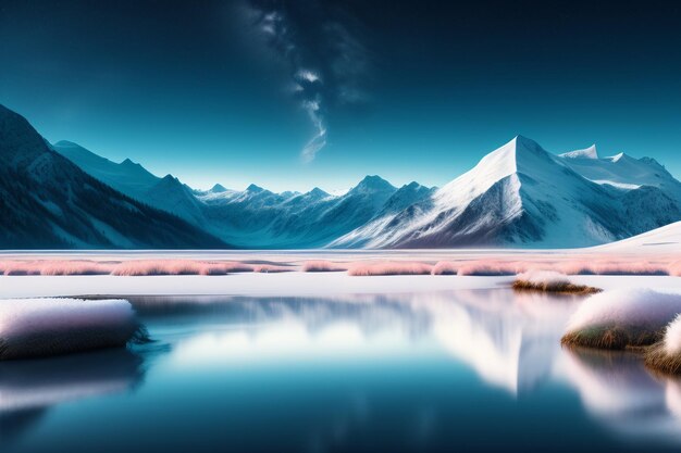 Free photo a mountain landscape with a blue sky and a snowy mountain in the background