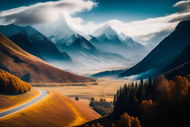 A mountain landscape with a car driving down the road.