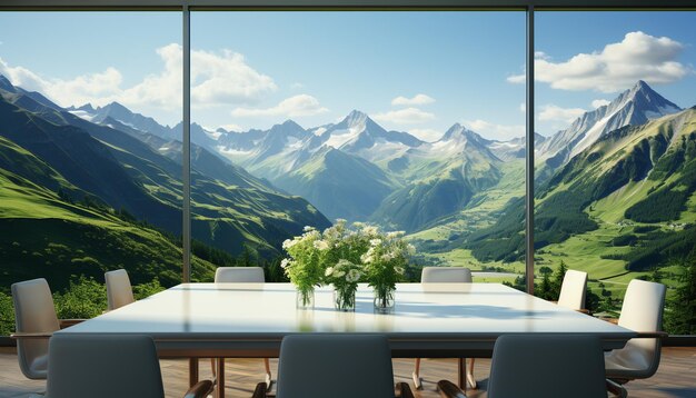 Mountain landscape with green meadow modern architecture and blue sky generated by artificial intelligence