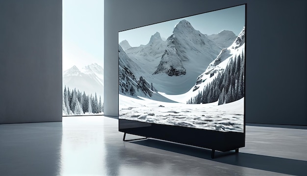 TV 생성 AI의 눈 덮인 봉우리 장면을 특징으로 하는 현대적인 디자인의 산 풍경