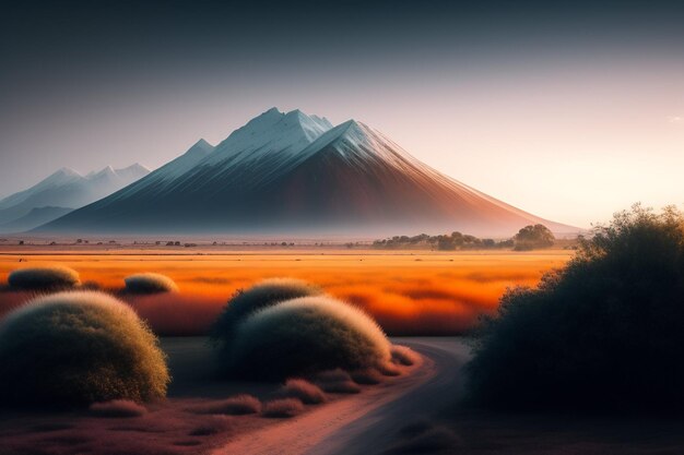 A mountain landscape with a road leading to the mountains.