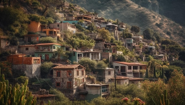 Foto gratuita paesaggio di montagna con vista ad alto angolo della scena rurale e capanna generata dall'intelligenza artificiale