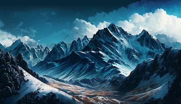 冬の生成 AI で雪のピークを持つ山の風景