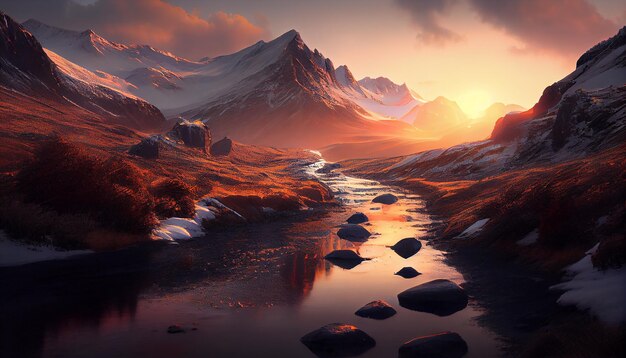 Mountain peak in majestic landscape reflects in water generative AI