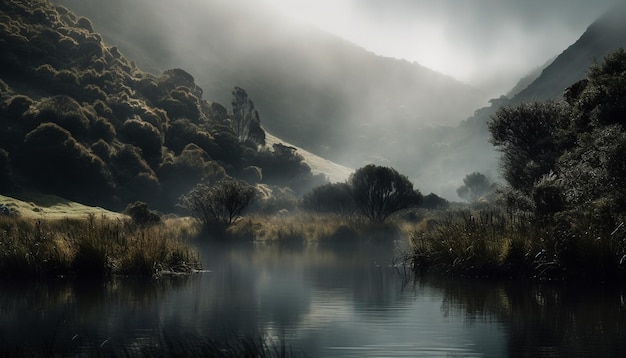 Mountain peak reflects in tranquil pond water generated by AI