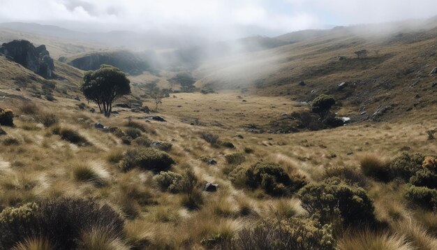 Il picco di montagna si erge sopra l'area selvaggia nebbiosa generata dall'intelligenza artificiale