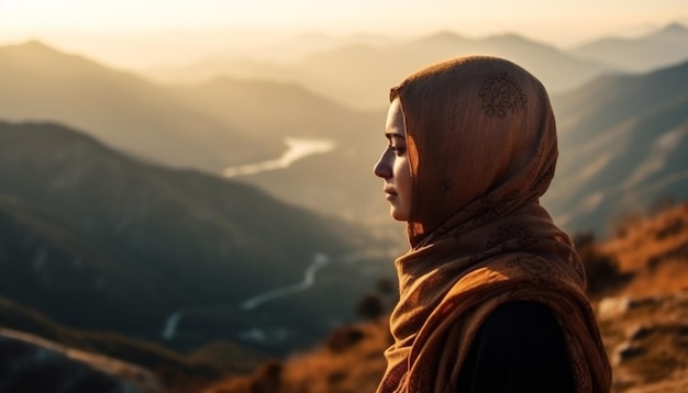 Free photo mountain peak serene people looking at sunset generated by ai