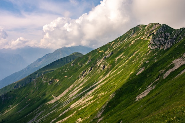 푸른 잔디로 덮여 슬로프와 산의 정상